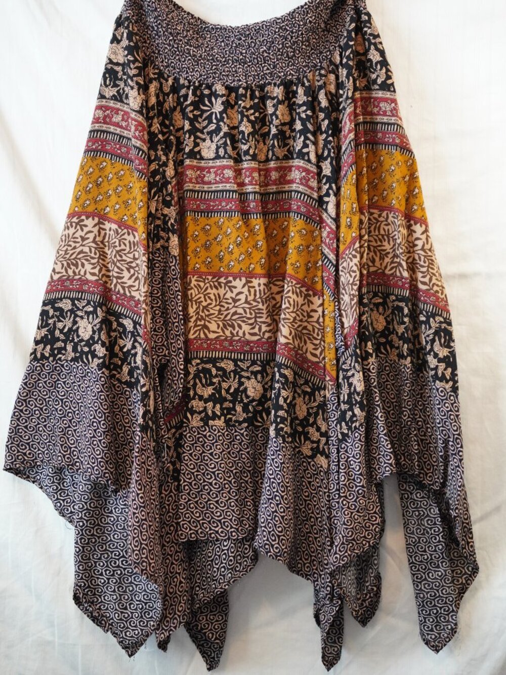 hazel Boho Handkerchief Hem Skirt XL Black Rust Mustard Print
